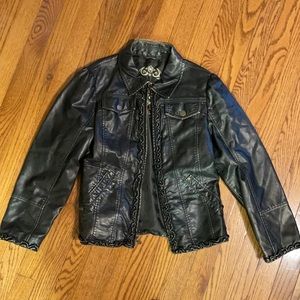 Faux leather jacket w/ruffle detail & zipper close black/ bronze vintage look
